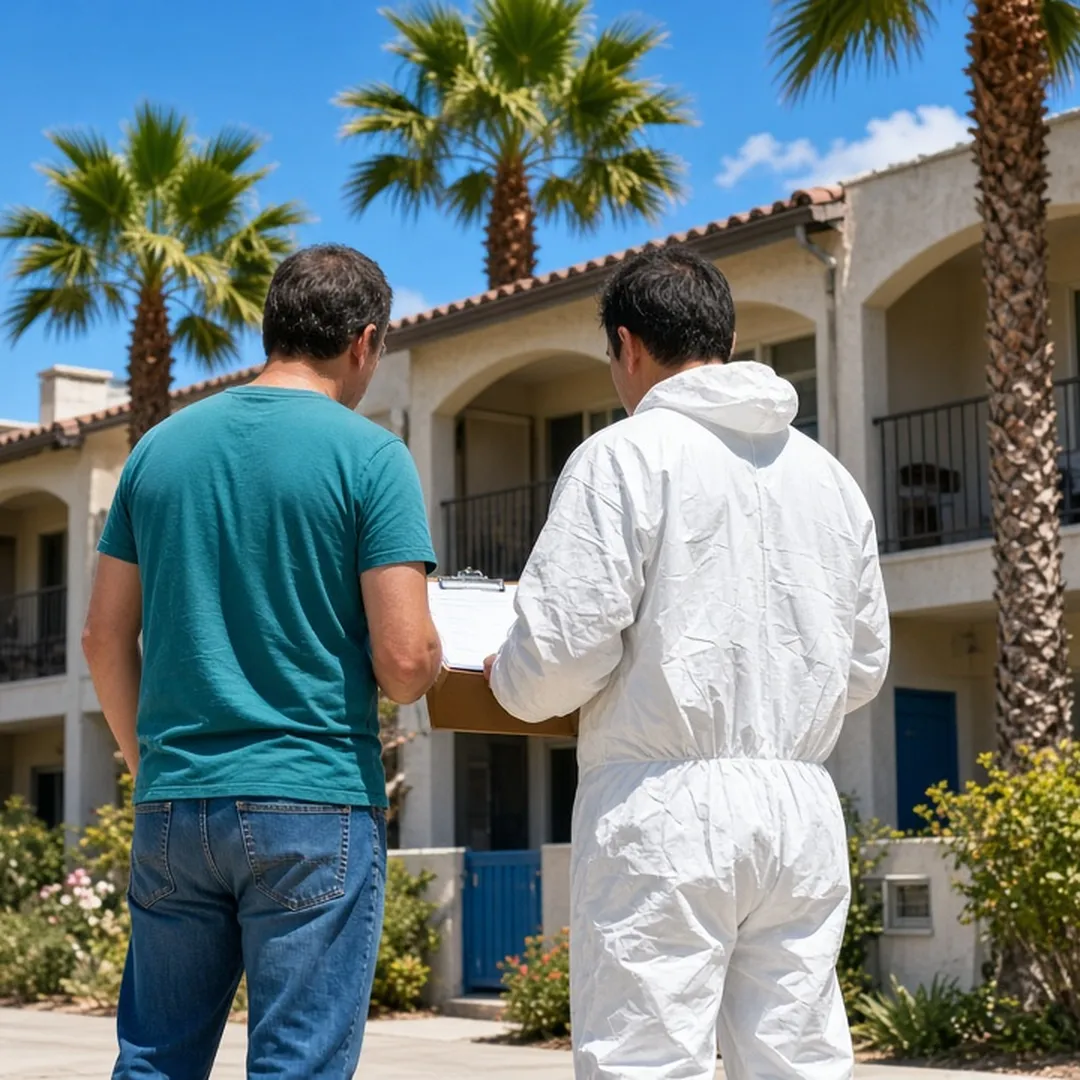 A homeowner and a biohazard remediation technician in a Tyvek suit (mask removed, professional and approachable) reviewing a document together outside a California apartment building