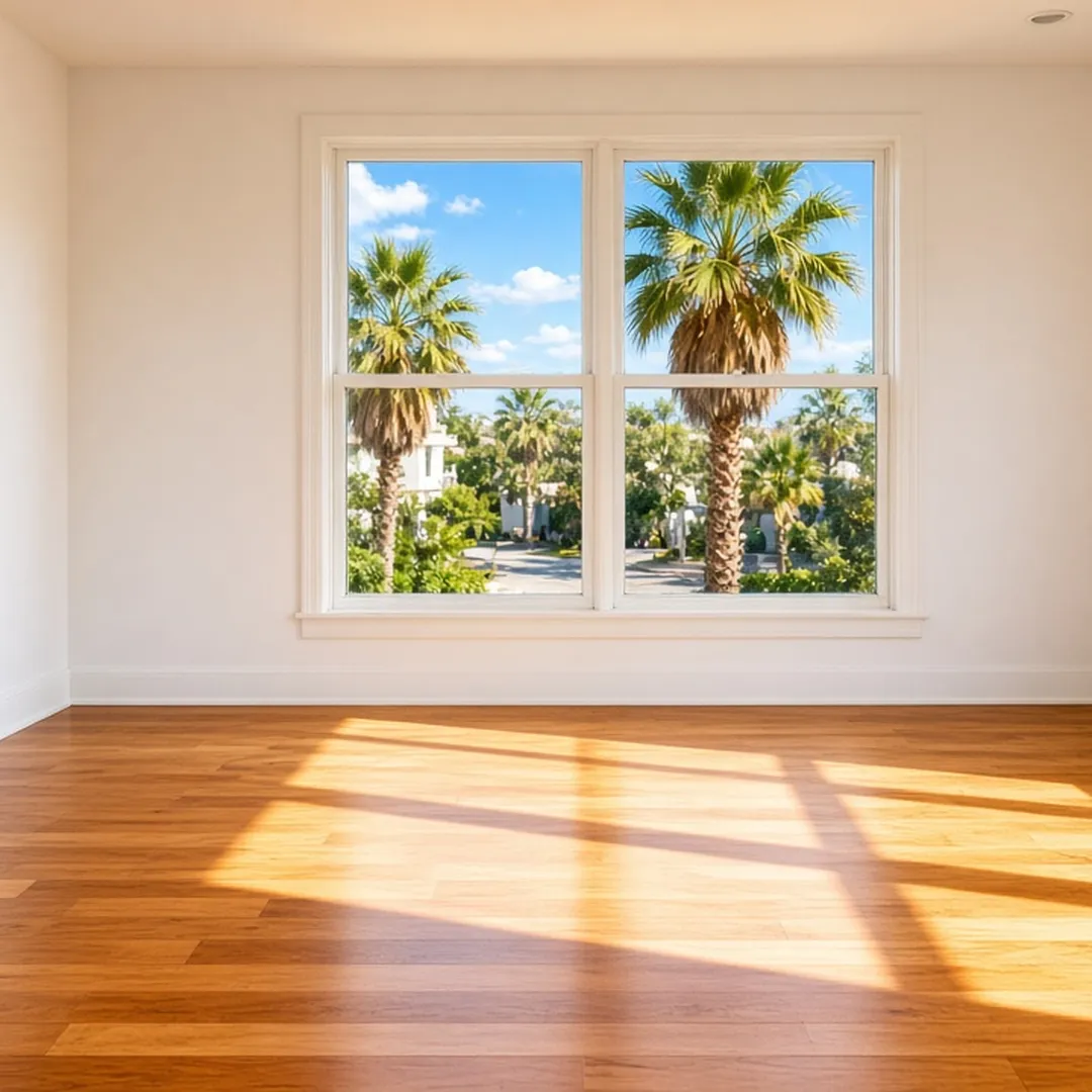 An empty, freshly cleaned apartment room in Santa Monica with bare hardwood floors, white walls, and afternoon sunlight coming through a window