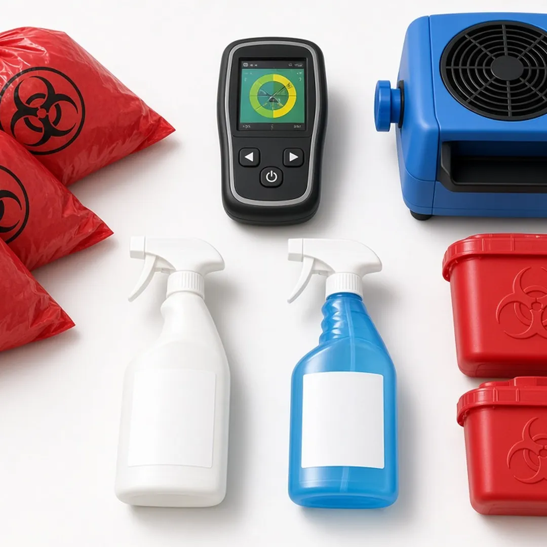 Biohazard remediation equipment laid out on a clean surface: sealed red biohazard waste bags, an ATP testing meter, an air scrubber unit, spray bottles of EPA-registered disinfectant, and sealed disposal containers