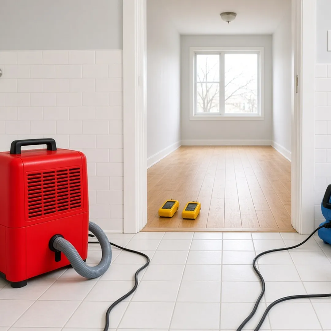 Industrial drying equipment — commercial dehumidifiers and air movers — set up in an empty bathroom and adjacent hallway of a residential apartment